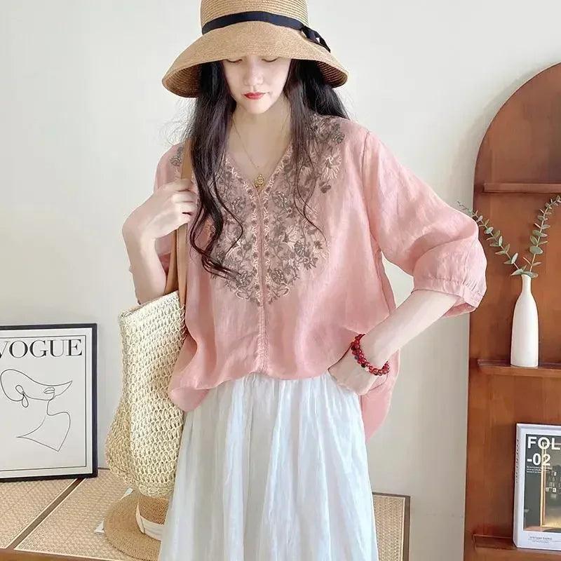 Women’s clothing linen blouse white v-neck embroidered shourt sleeve loose fit artistic casual feminine fashion