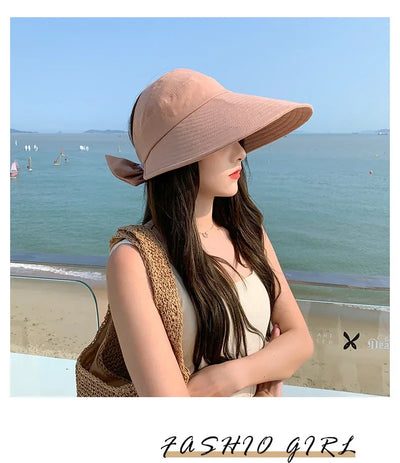 COKK Summer Hat Women Empty Top Foldable Sunhat Sunscreen Hats For Women Solid Color With Bow Ladies Hats Beach Cap Sun Hat