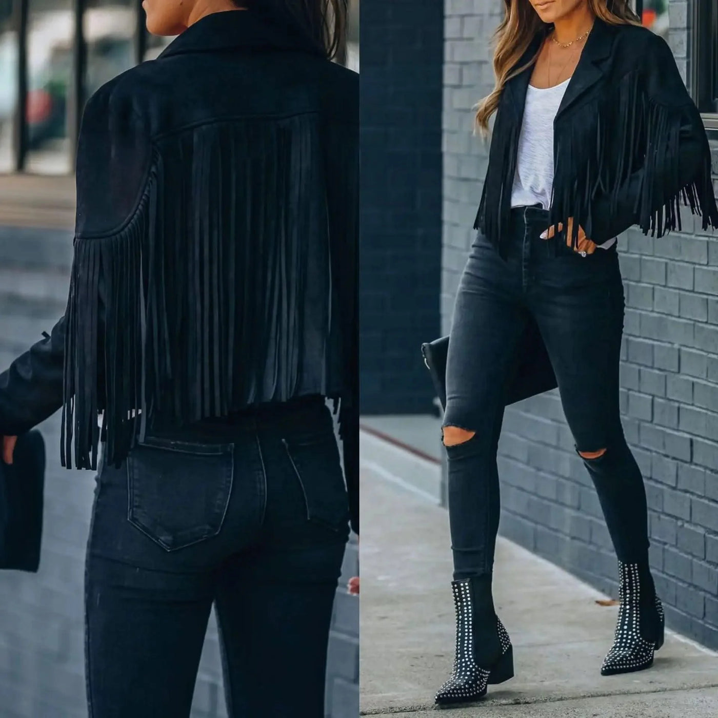 Fringed Bomber Jacket Women Long Sleeve Turn-down Collar