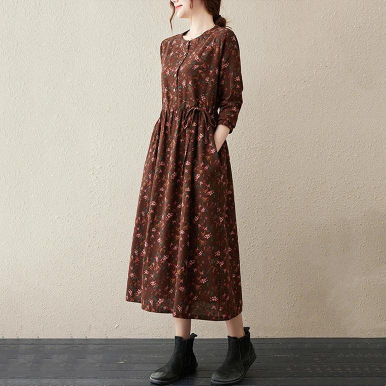 Long Sleeve Cotton Linen Vintage Floral Print Dresses For Women 2025 New Spring Autumn Casual Dress Robe Femme Elegant Clothing