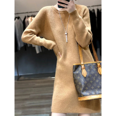 Knit Dresses for Women's Fashion Sweater 100% Merino Wool Winter Ladies O-Neck Warm Knitted Dress Fall Female Casual Black Skirt