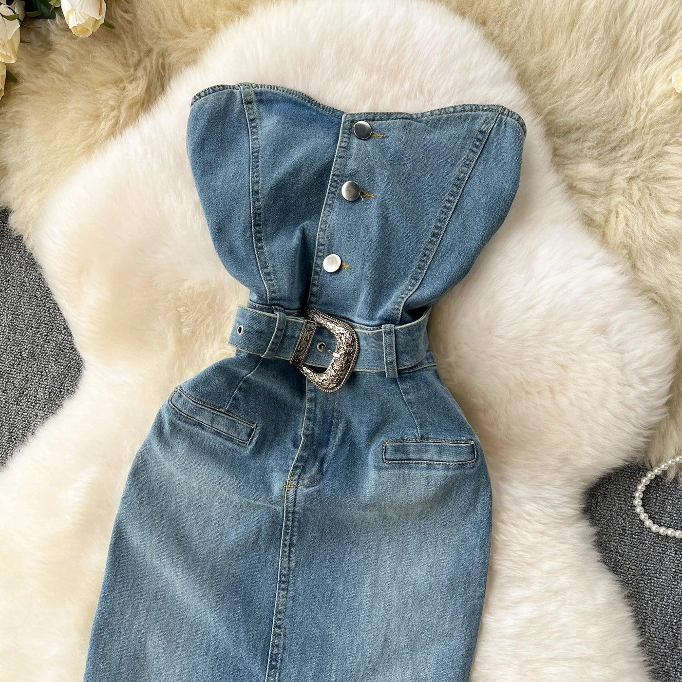 Denim Dress Women Sheath Dresses Vintage Sexy Vestidos Sleeveless Backless Washed Belt Tight Waist Split Sundress Summer 2025