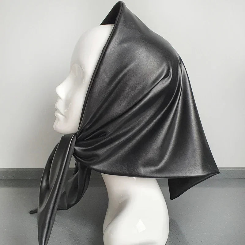 Designer woman Triangle Scarf Black Bandana men Unisex Faux leather kerchief eco-leather headscarf headdress Shawl Wrap