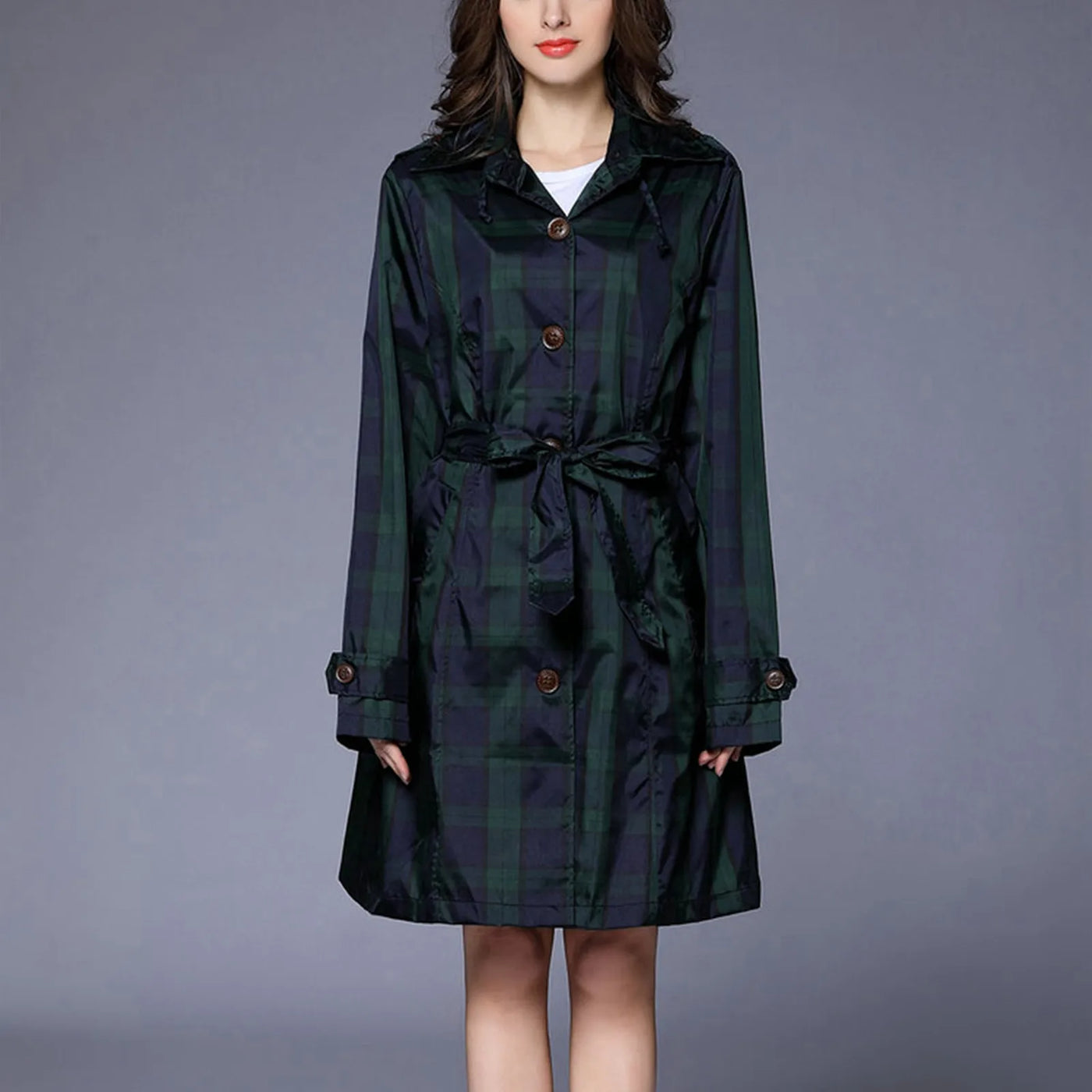 Women'S Checkered Waistband Hooded Overcoat Lightweight Breathable Fashionable Trench Raincoat Harajuku Y2k Streetwear Jacket