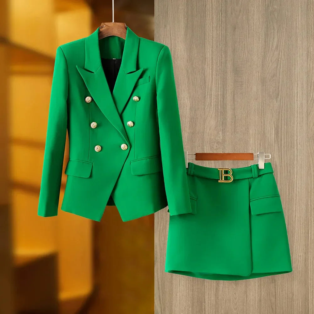 New Arrival Elegant Style Lady Office Work Suit Double-breasted Long Sleeve Fitted Blazer A-line Pencil Mini Skirt Women 2Pcs