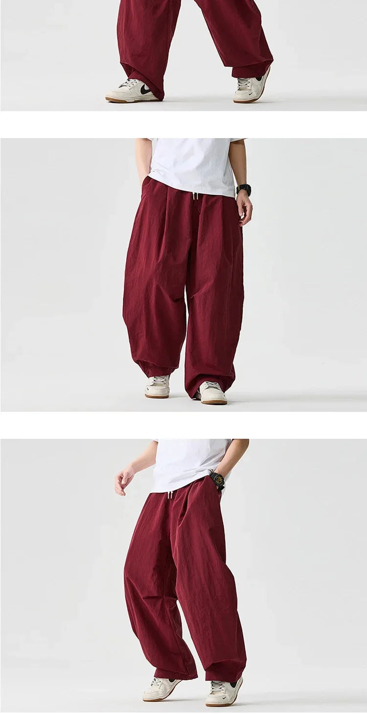 Wide leg Pants Men Harajuku Japanese Style Loose Casual Pants Men Solid Comfortable Elastic Waist Trouser Outdoor Walking Hiking