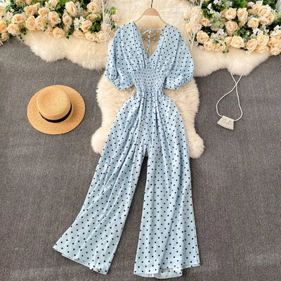V Neck Sexy Dolman Sleeves Waist Slim Polka Dot Print Jumpsuit Women Wide Leg Trousers Jumpsuit
