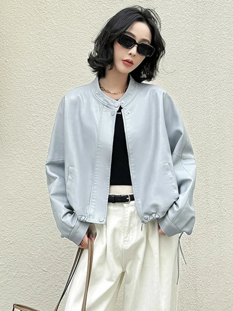 Women Blue Biker Pu Jackets Retro Streetwear Long Sleeve Moto Short Coats Casual O Neck Korean Fall Winter Pockets Outwear New