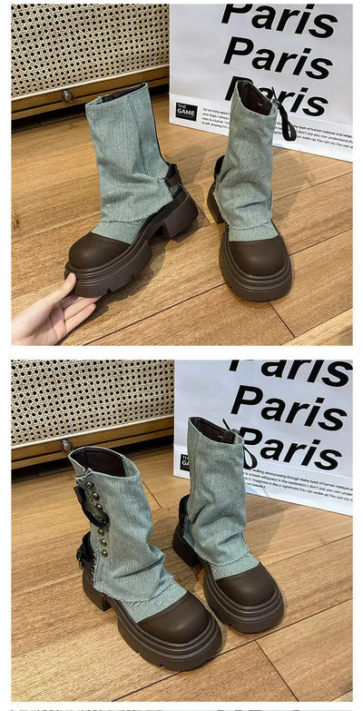 Women Boots British Fashion Pants Leg Boots  New Thick Soled Rivet Zipper Belt Buckle Platform Anti Slip Cowboy Short Boots