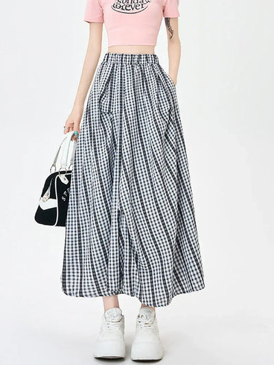 Summer Women Checkered A Line Skirt High Waist Slim Fit Pleated Length Fashion Irregular Contrast Colors Flowy Swing Style