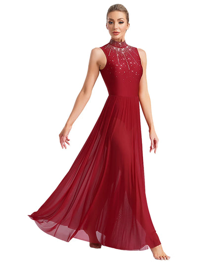 Women Lyrical Contemporary Ballroom Modern Dance Costume Dancing Prom Gown Side Split Maxi Dress for Ballet Gymnastics Skating