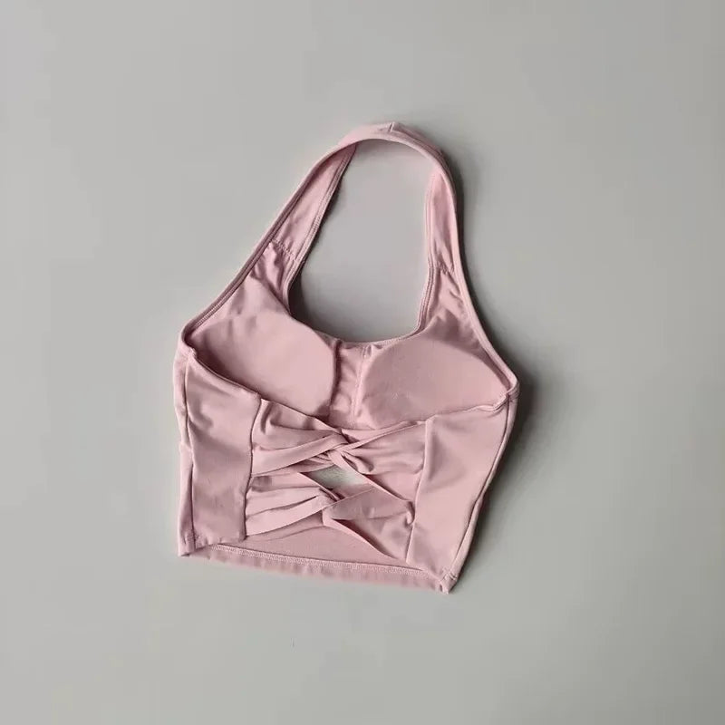 Women's Halterneck Sports Bra with Detachable Chest Pad Cross Beautiful Back Yoga Underwear Tight Fitness Top