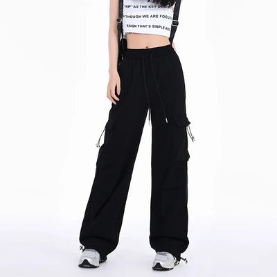 American Drawstring Fashion Women's Pants Casual Pocket Cargo Pants Female Straight Baggy Outdoor Sweatpants Red Apricot Khaki