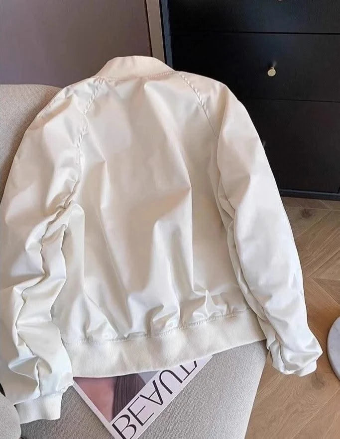 Bomber Jacket for Women Winter Zip-up White Plain Loose Baseball Aviator Coat