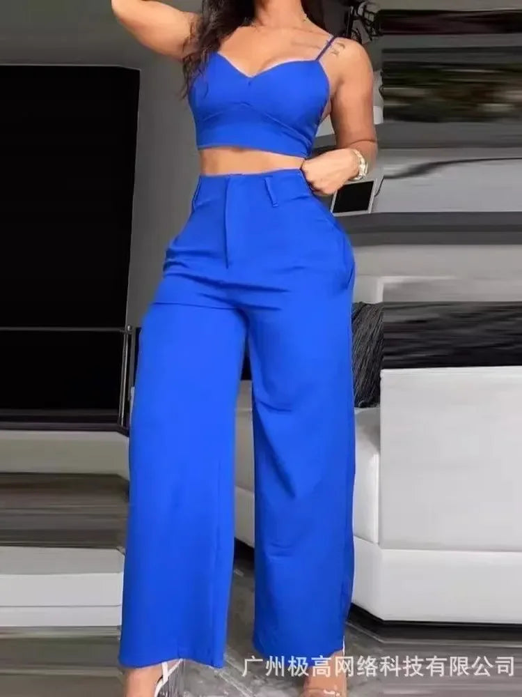 2 Piece Set Women V-Neck Red Top