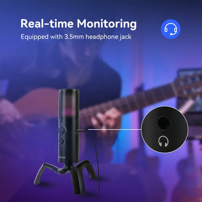 Retekess USB Dynamic Microphone TG101 Headphone Jack Mute Button RGB Gain Control Gaming MIC For PC PS5/4 Recording Streaming