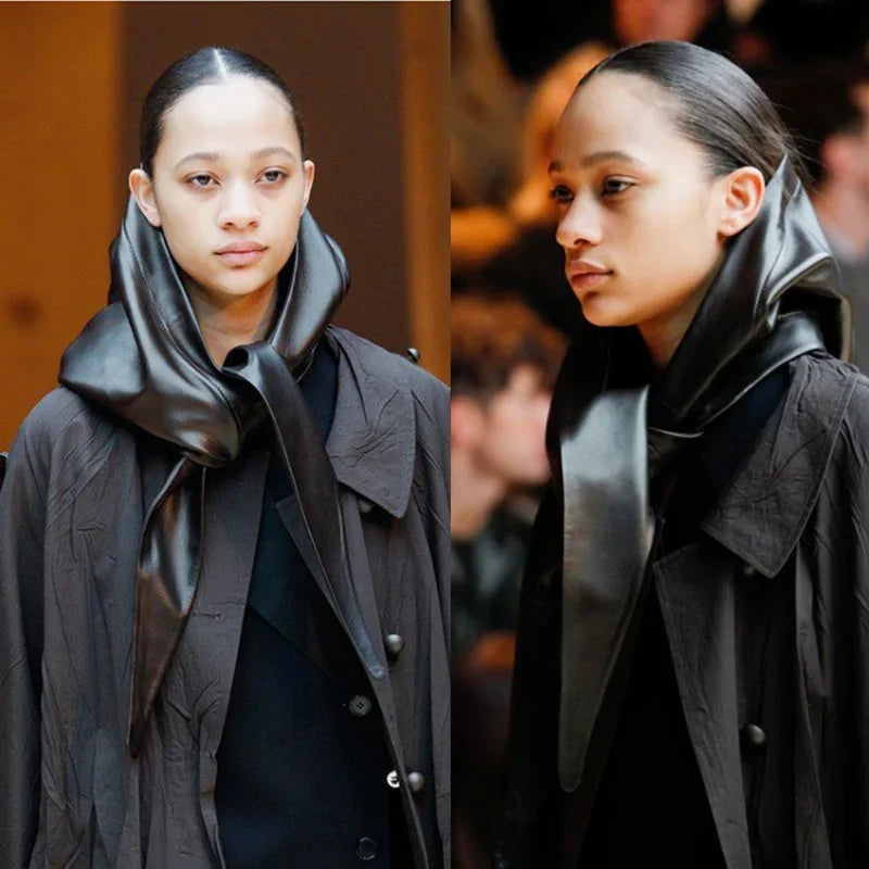 Designer woman Triangle Scarf Black Bandana men Unisex Faux leather kerchief eco-leather headscarf headdress Shawl Wrap