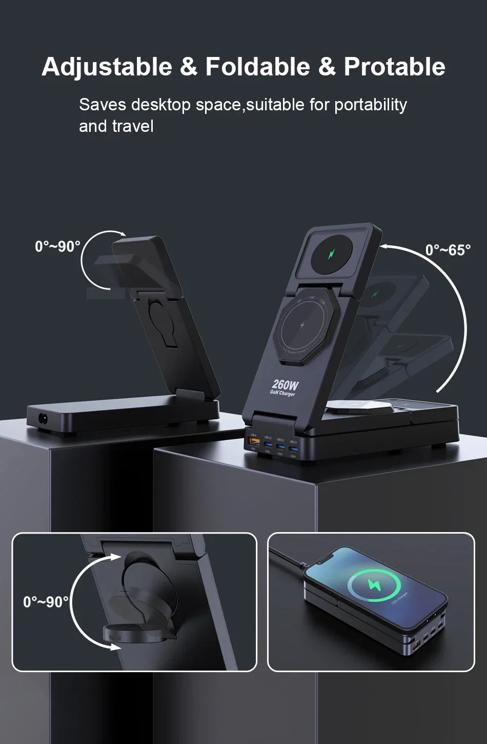 260W Magnetic Wireless Charging Station GaN USB TypeC Charger PPS PD Fast Charge For iPhone 16 15 IWatch AirPods Foldable Holder