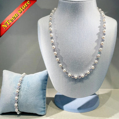 2025 New Trend Fine Jewelry Sets Charming White Geometric Crystal Fashion Pearl Necklace Ring Earrings Romantic Gift for Women