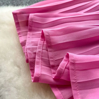 Designer 2025 Summer Pleated Chiffon Lace Long Dress Women Flower Embroidery Gold Button Belt Evening Party Dresses Wedding Robe