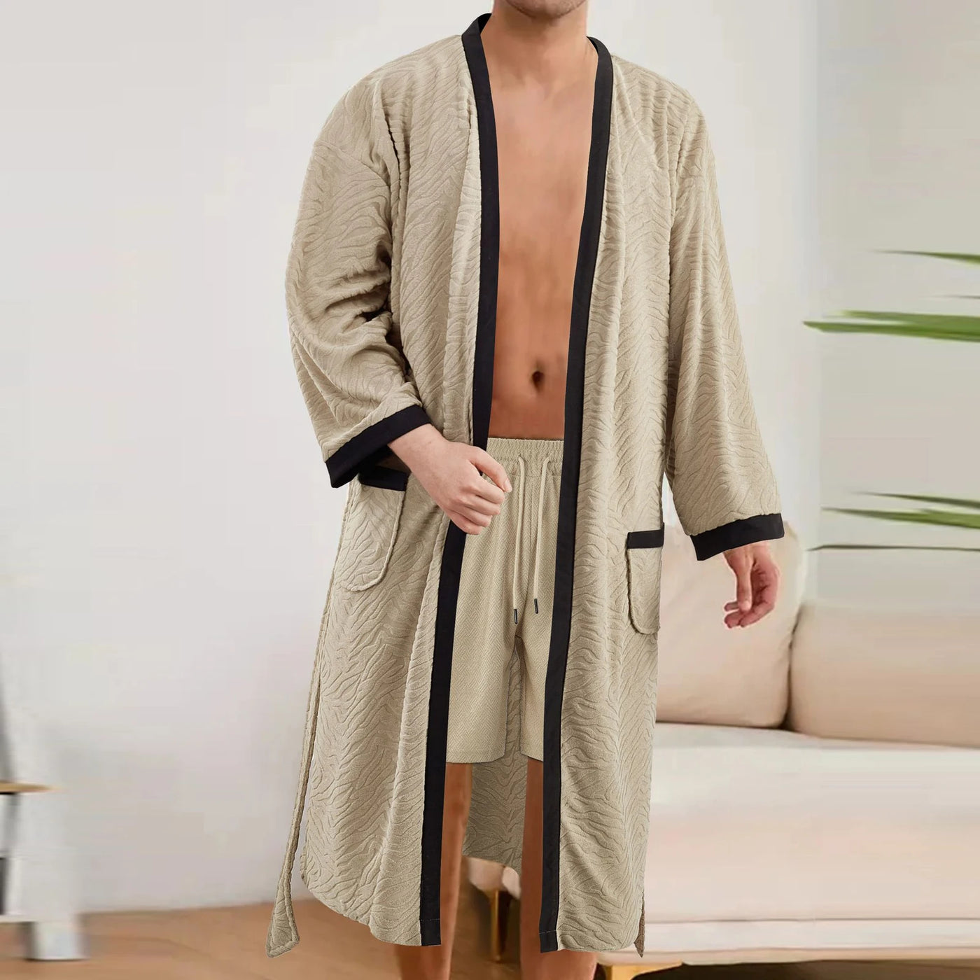 Men's Long Jacquard Soft Belted Bathrobe