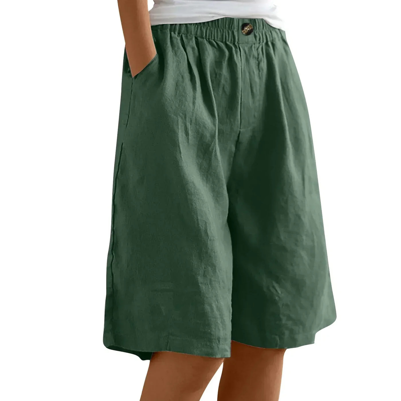 Women's Fashion Solid Color Cotton Linen Shorts - Loose Elastic Waist Capris with Pocket and Button Up Design