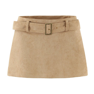 2025 Autumn Y2K Faux Suede Belt Low Waist Mini Skirt With short lining Sexy A-line Package Hips Mini Short Skater Party Femme