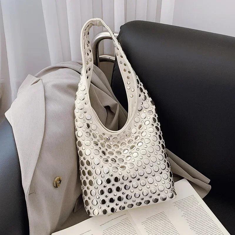 Designer geometric shoulder bag for women top brand handbag luxury shiny rivet handmade evening clutch fashion party