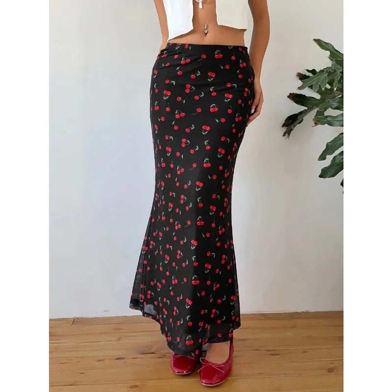 Summer Fashion Long Skirts for Women's Cherry Print High Waist Contrast Patchwork Slim Elegant Sexy Slim Ladies Y2k Maxi Skirt