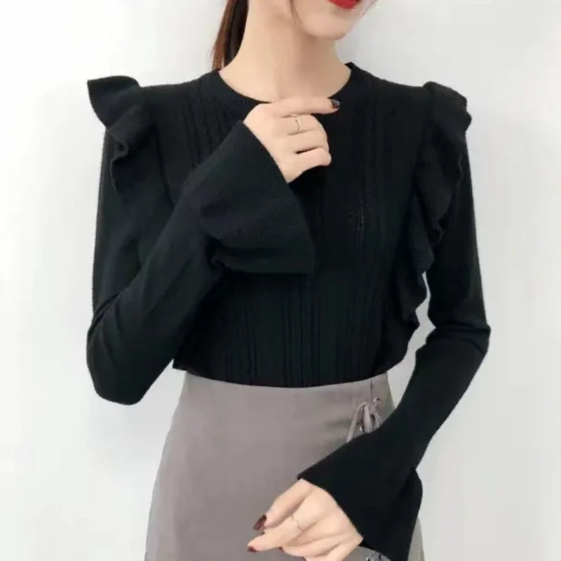 Ladies Sweaters Pullovers Round O Neck Grey Knitted Top for Women Jersey Winter 2025 Jumper Economics Long Sleeve Thermal Blouse