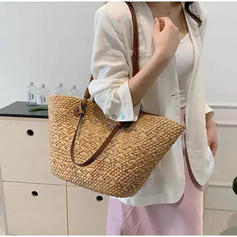 Designer bohemian chic shoulder bag,solid color large capacity straw woven tote bag,nature-inspired beach vacation
