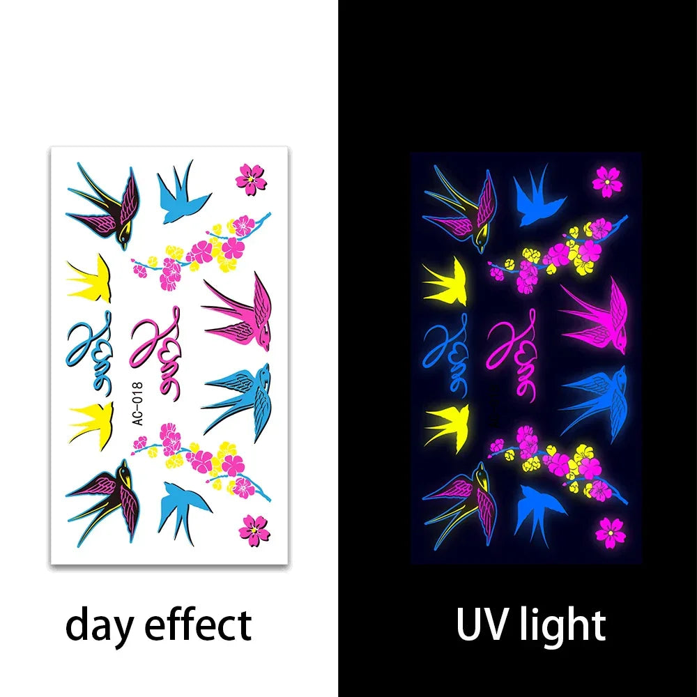 Temporary Fluorescent Tattoos Flower Feather Animals Pattern Body Arm Leg Face Stickers Night Bar Party Music Festival