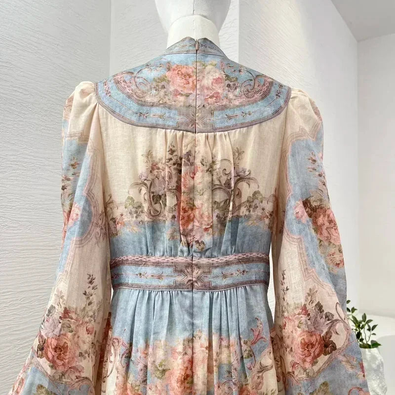 New High Quality Linen Elegant Long Lantern Sleeve Floral Print Waist Women Re-tro Midi Dress