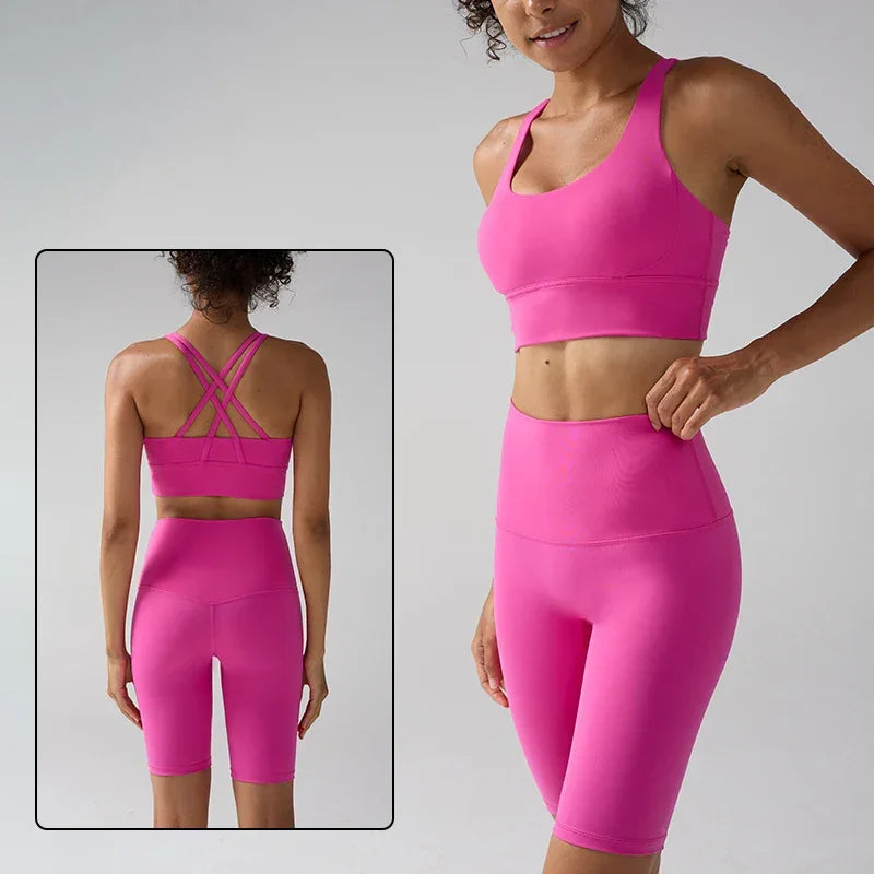 Women's 2 Piece Yoga Gym Sports Set Cross Back Bra Top & High Waist Shorts Fitness Running Workout Tracksuit👚