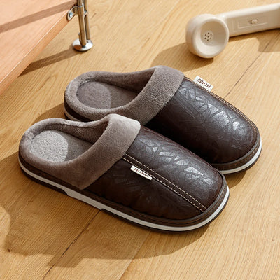Indoor Warm Men's Leisure Slippers Big Size Soft Winter Fashion Anti-slip PU Surface Waterproof Plush Home Comfy Simple Shoes