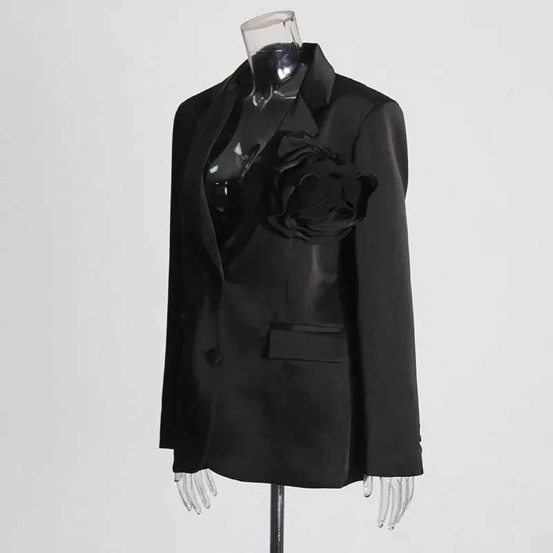 Blazer Women Fashion Elegant Style Flower Splicing Design Suit Jacket Three-dimensional Decoration Solid Color Suit Women Coats