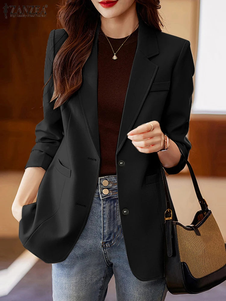 2025 Women Autumn OL Work Blazer ZANZEA Fashion Lapel Neck Long Sleeve Solid Blazer Thin Outwears Suits Casual Buttons Jackets