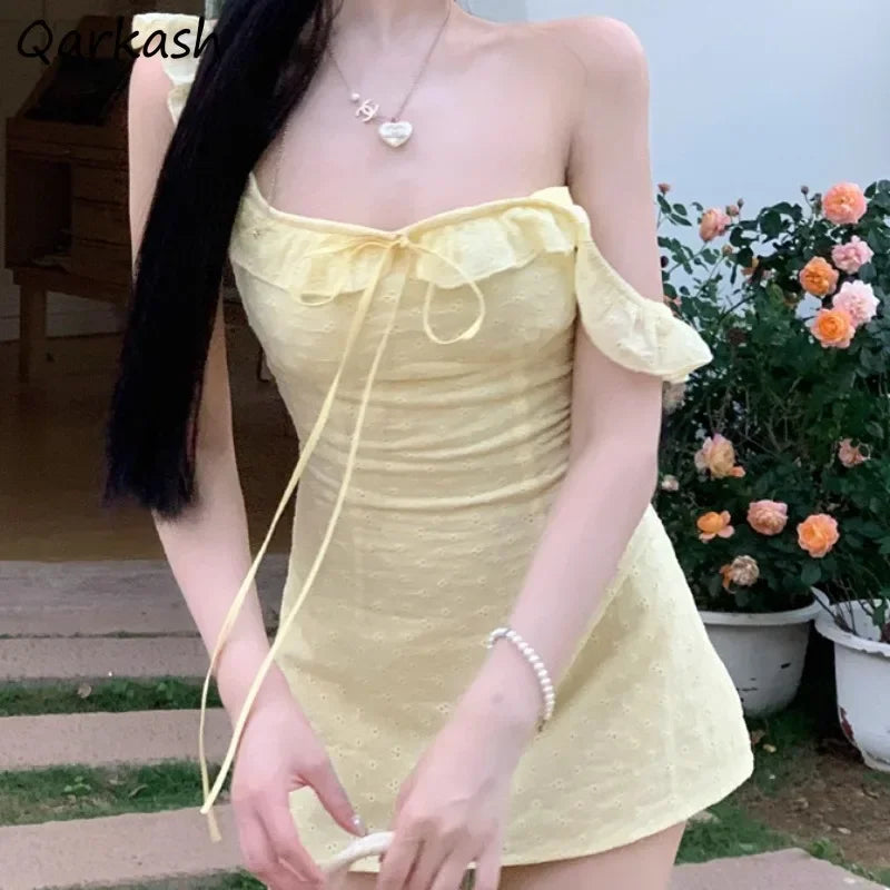 A-line Dresses for Women Skinny Solid Flying Sleeve Summer Korean Style Chic Girls Square Collar Ins Lace-up Mini Lovely