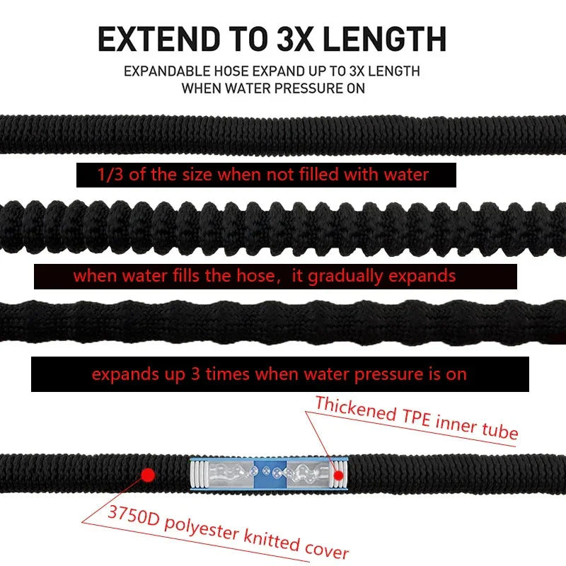 Flexible Black Garden Hose 25FT-100FT Extensible Magic Hose Wash Car High Pressure Foam Gun Courtyard Irrigation Cleaning Tools