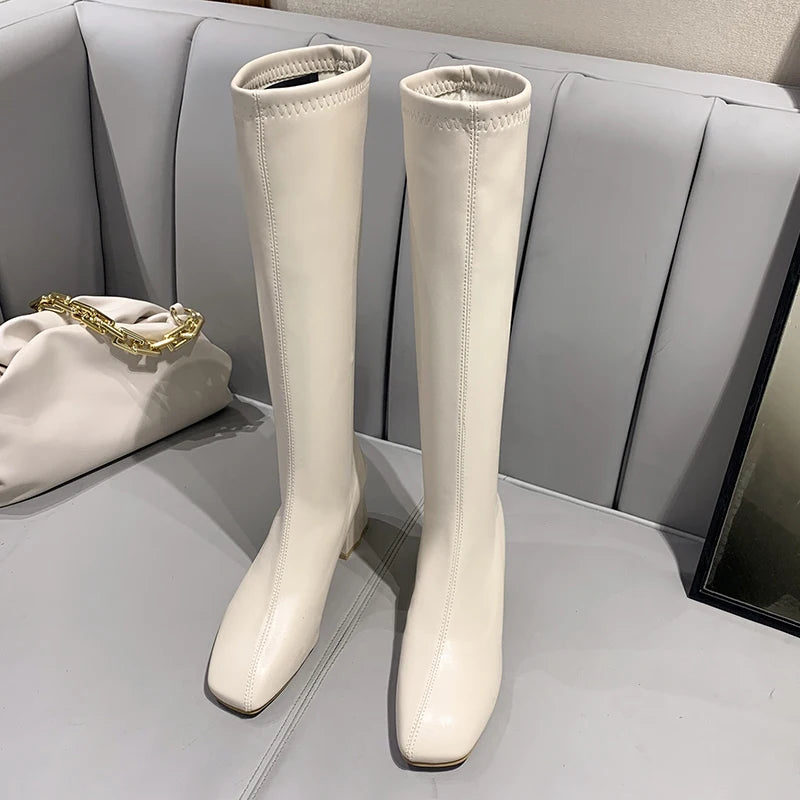 Knee-high  Boots Women's Autumn Winter Faion Briti Sle Flat Head Slimming High-calf Boots Waterproof PU Leather