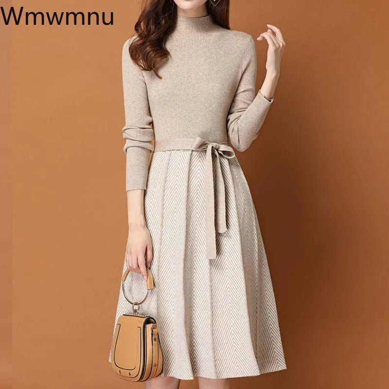 Sweater Dress Fall Winter patchwork Long Sleeve Women Elegant Knitted A-Line pleated Dress Female Korean Lace-Up Vestidos 2023