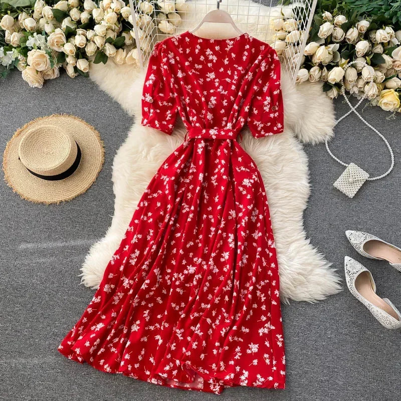 Korean Red elegant sexy Dress women Summer Autumn V-neck polka dot midi dress waist split dress vestidos de fiesta clothes