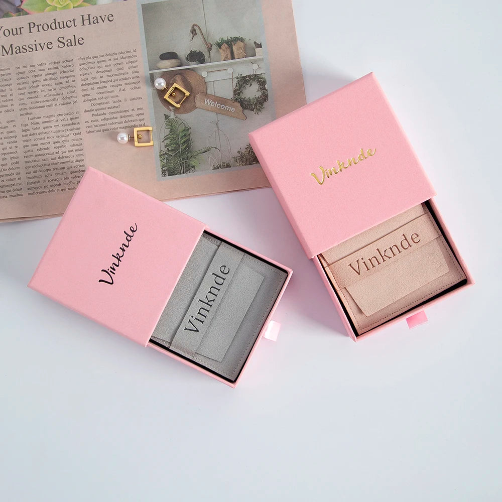 Custom Logo Luxurious Jewellery Packaging Pouch Printed Cardboard Drawer Box Fashion Jewelry Rings Packaging Box With Suede Bag