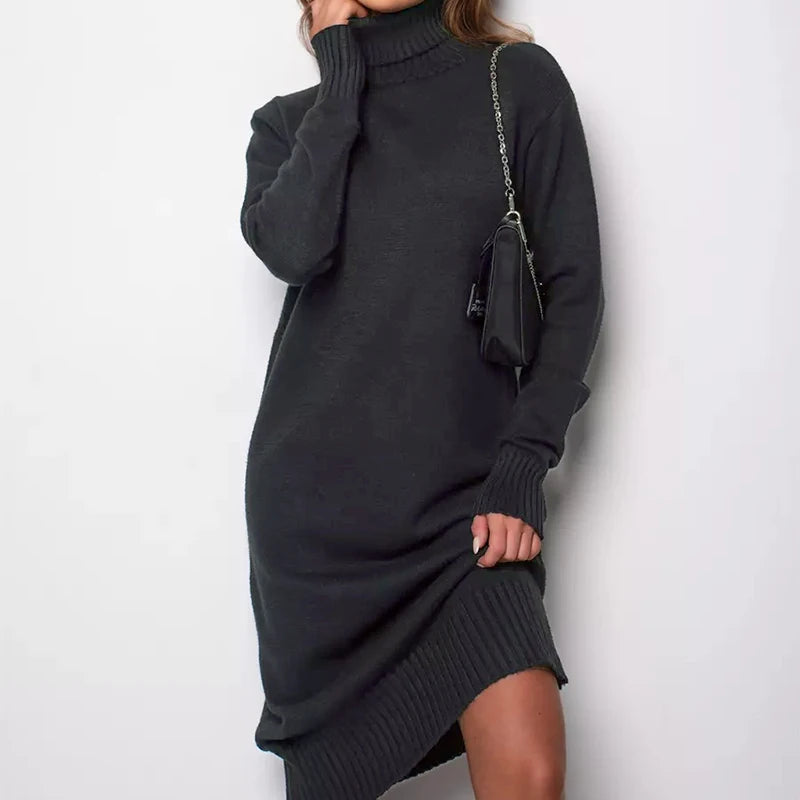 Ribbed Turtleneck Knitted Dress Women Autumn Winter Basic Long Sleeve Sweater Dress Woman Solid Color Long Dresses Female