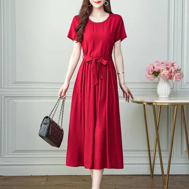 New Fashion Summer Dresses For Women 2025 Elegant Casual Short Sleeve Midi Dress Soild Colour Women Clothing