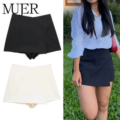 MUJER 2025 Asymmetric Skort For Women Black High Waist Mini Skirt Shorts Women Casual Bermuda Shorts Woman Summer Skirt Shorts