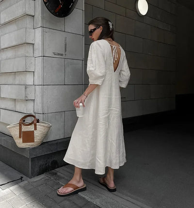 Retro Cotton Linen Women'S Summer Dress Sexy V-Neck Puff Sleeve Long Maxi Birthday Graduation Dresses Beach Sundress Robe Femmes