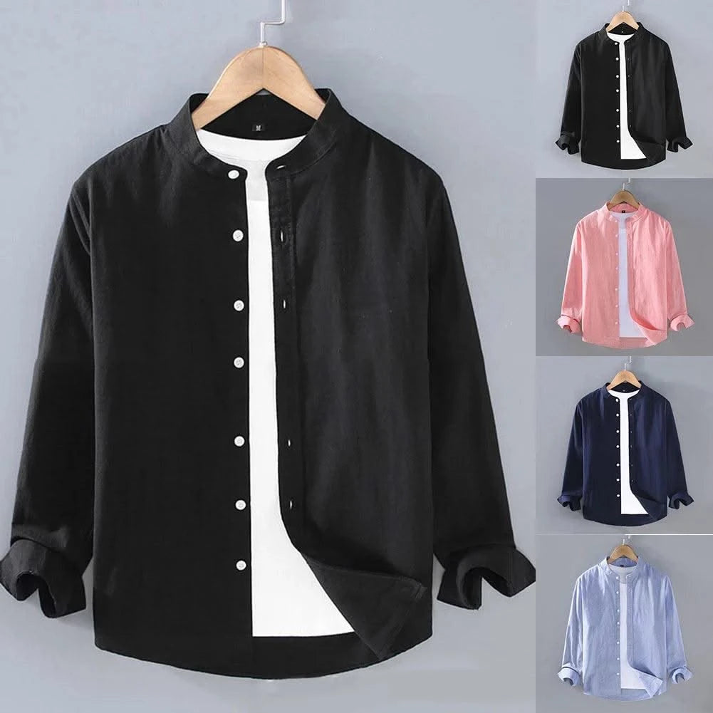 Mens Linen Shirt Stand Collar Long Sleeve Henley White Black Soft Comfortable Simple Spring Summer Men's Shirt Solid Color