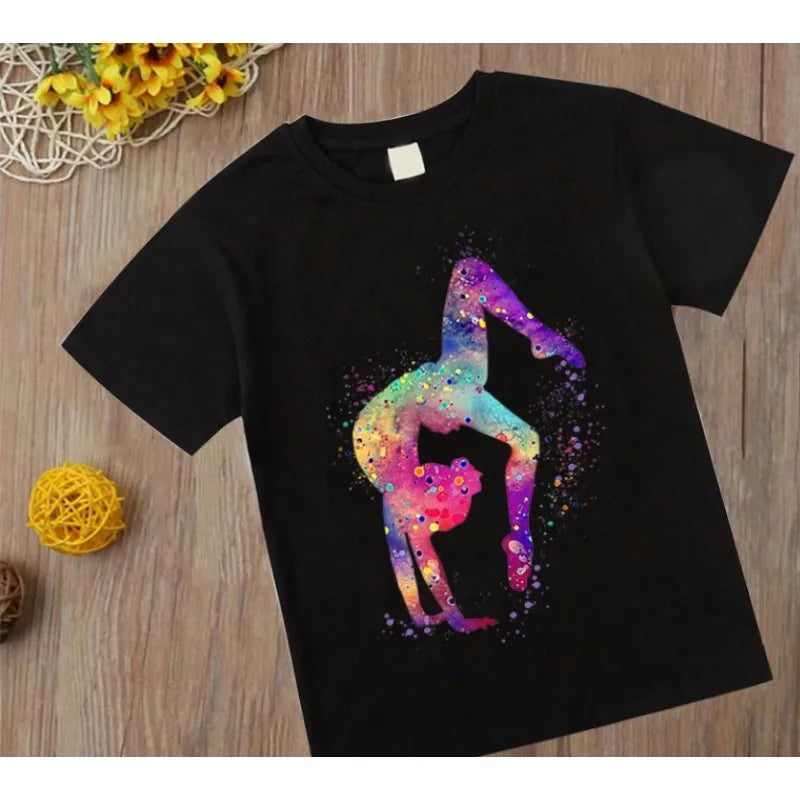Watercolor Gymnastics Girl Printed Cute Children's T-shirt Children's Black T-shirt Exercise Enthusiast Birthday Gift