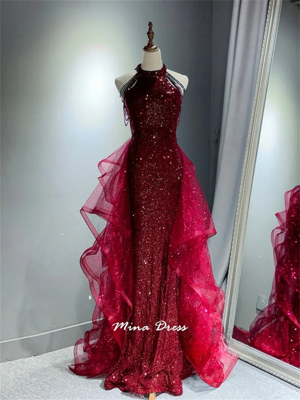 Mina Customized Evening Gown Sequins Chiffon Dress for Wedding Guests Wrinkles Elegant Women's Dresses for Party Formal Occasion